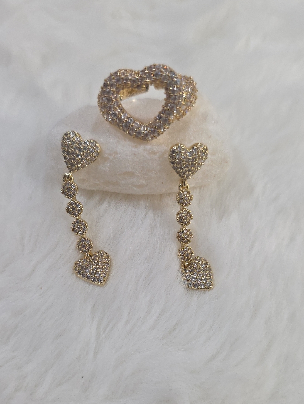 14k Gold Plated Heart Pave Drop Earrings and Ring Set - Women Jewelry